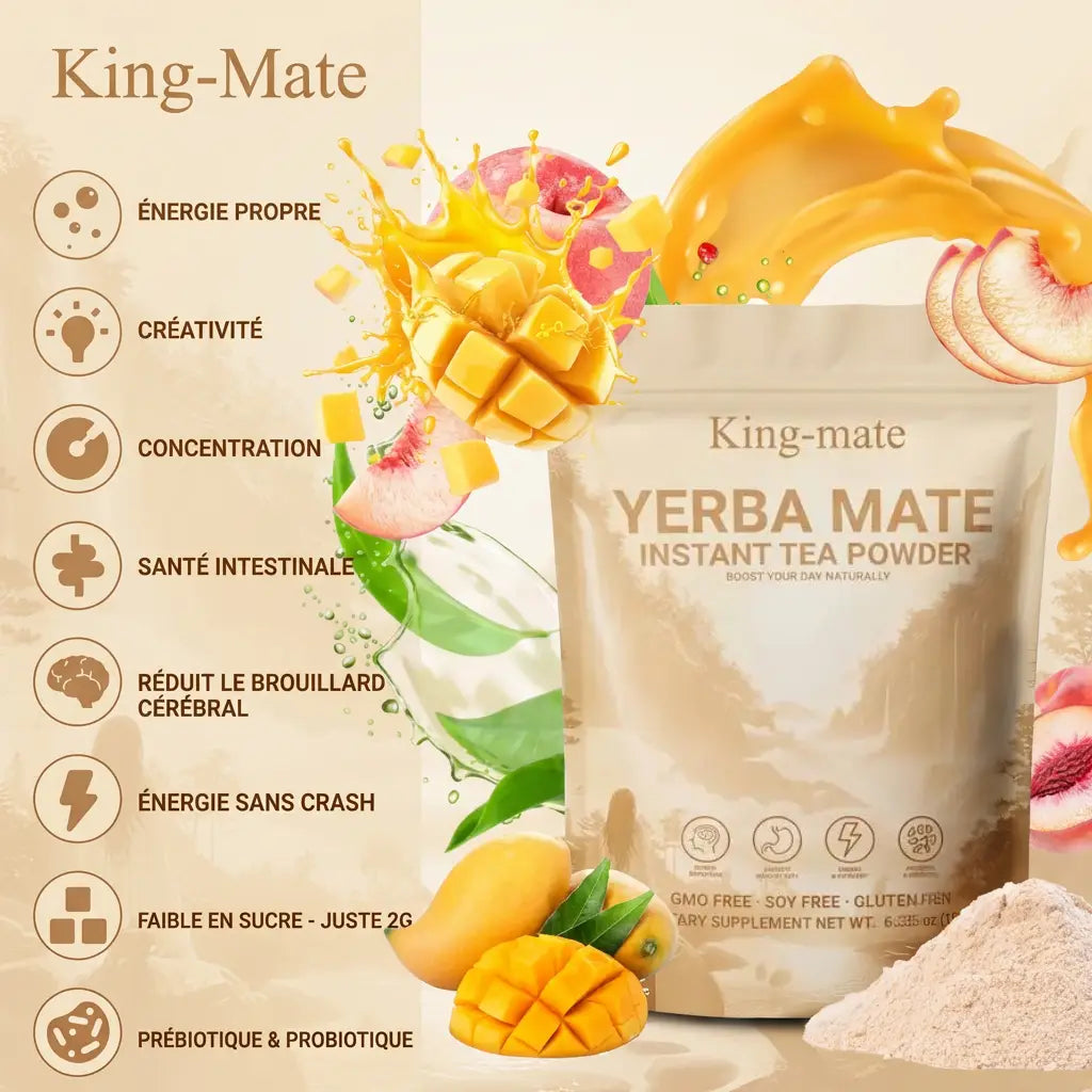 King Mate Yerba Mate Blend – Boisson Instantanée Saveur Pêche Mangue